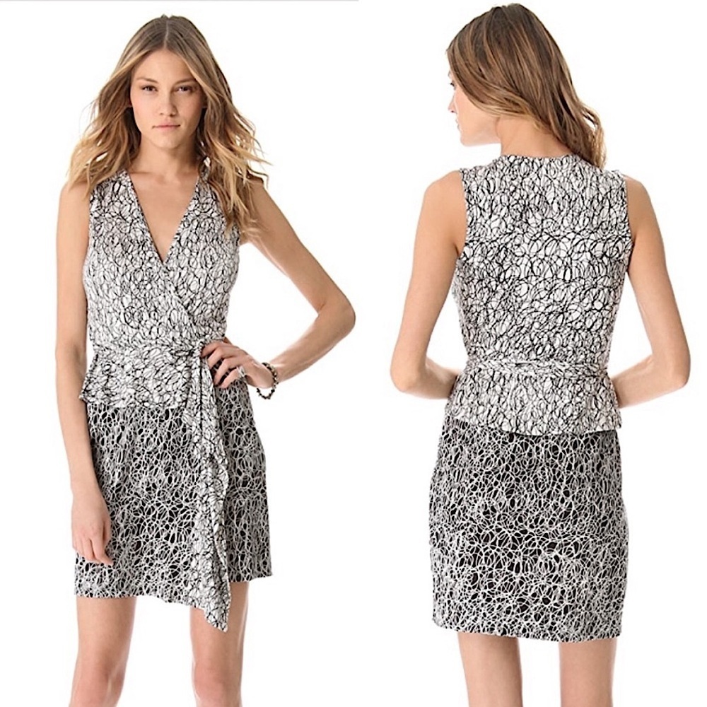 Diane Von‎ Furstenberg DVF Silk Mililani Wrap Dress Scribble Maze Black White 10